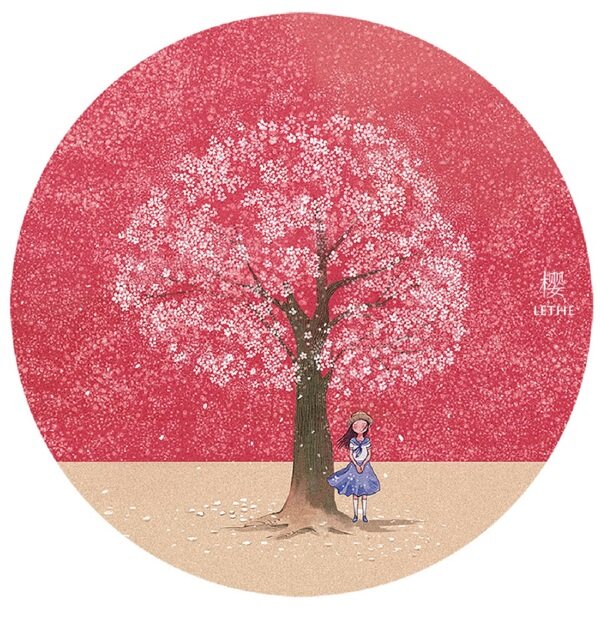 小女孩櫻花插畫(huà)圖片