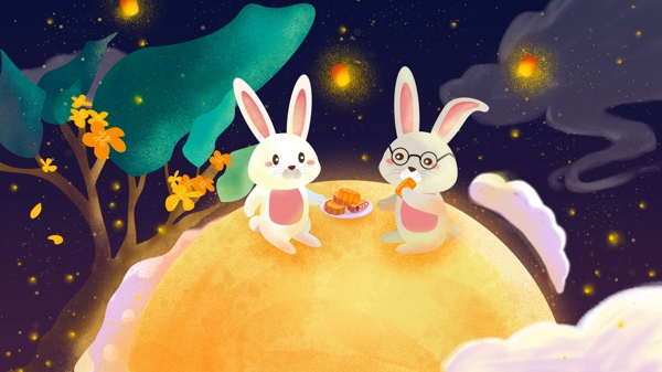 可爱传统中秋佳节兔子吃月饼插画