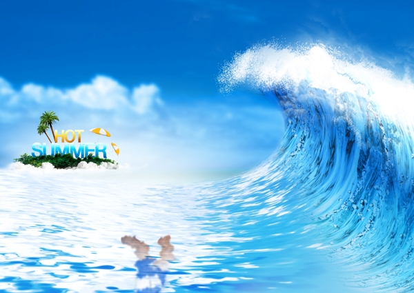 夏季碧海蓝天海岛巨浪海报背景素材