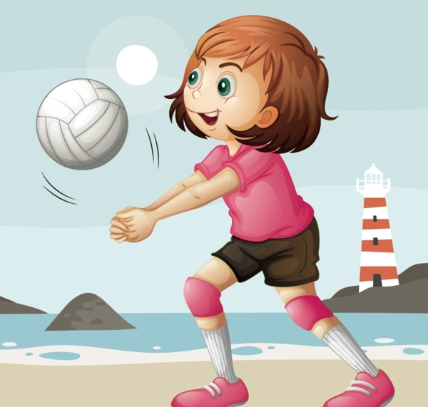 沙滩边玩排球的女孩