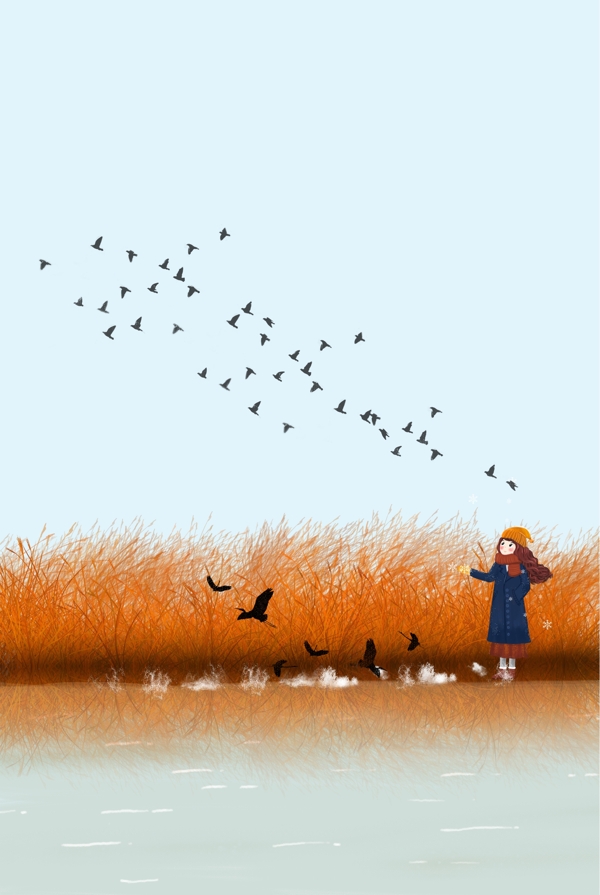 冬天河边看飞鸟的女孩插画海报