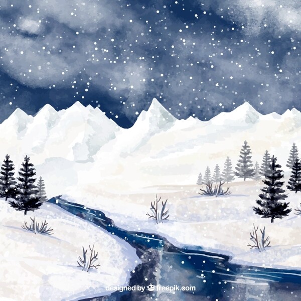水彩绘冬季河流风景