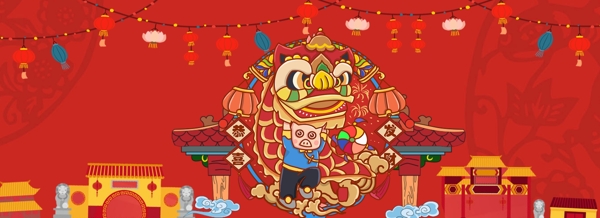 2019猪年中国风舞狮古建筑海报