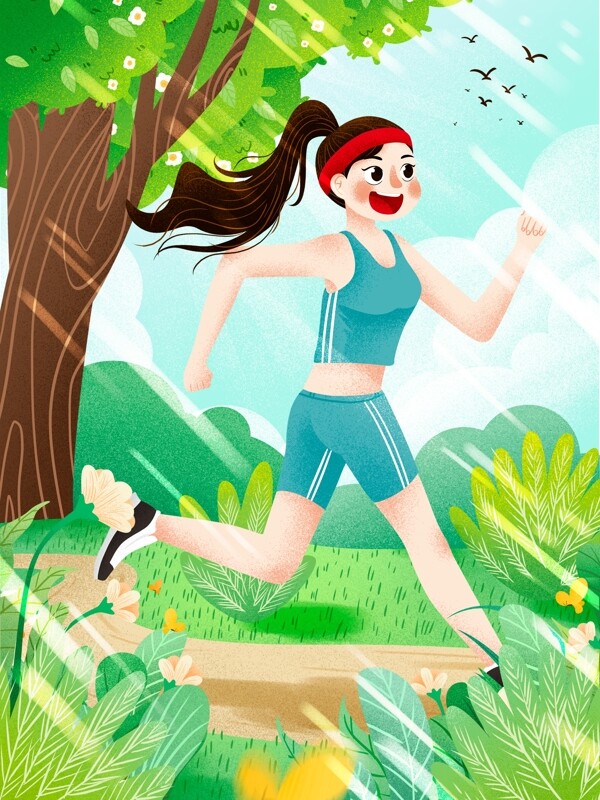 清新阳光正能量健身春季运动跑步女孩插画