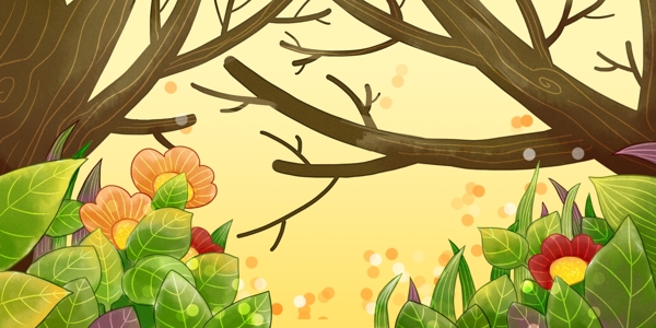 卡通可爱森林树木花卉背景