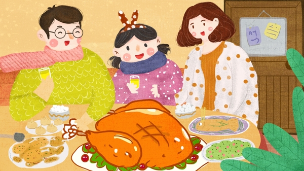 感恩节一家三口爸爸妈妈女儿吃火鸡手绘油画