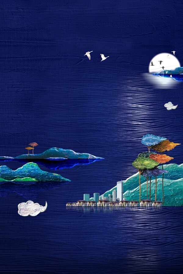 手绘蓝色海洋岛屿房地产背景设计