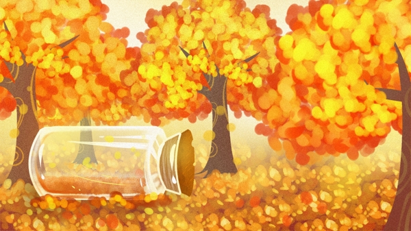 秋天风景涂鸦漂流瓶温馨梦幻唯美配图背景