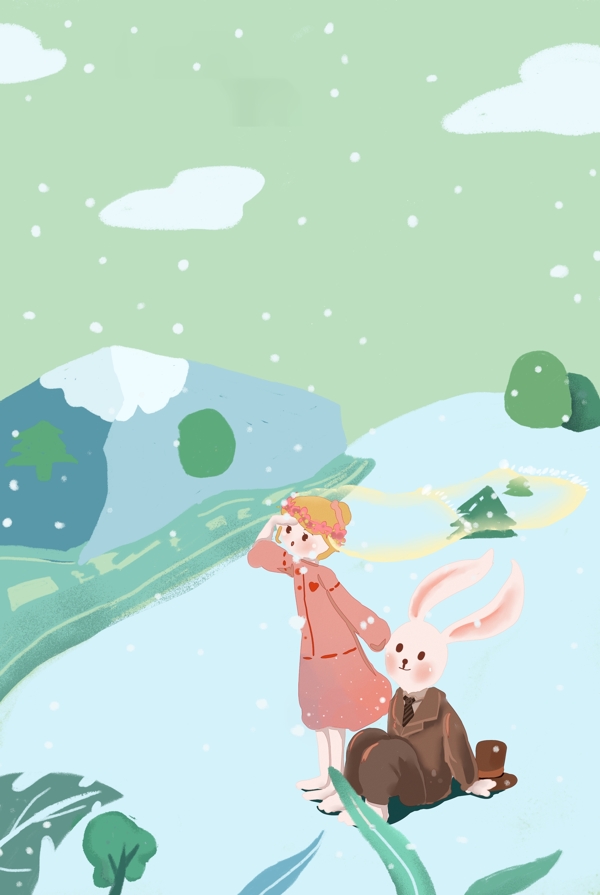 冬日山坡看风景的浪漫兔子情侣
