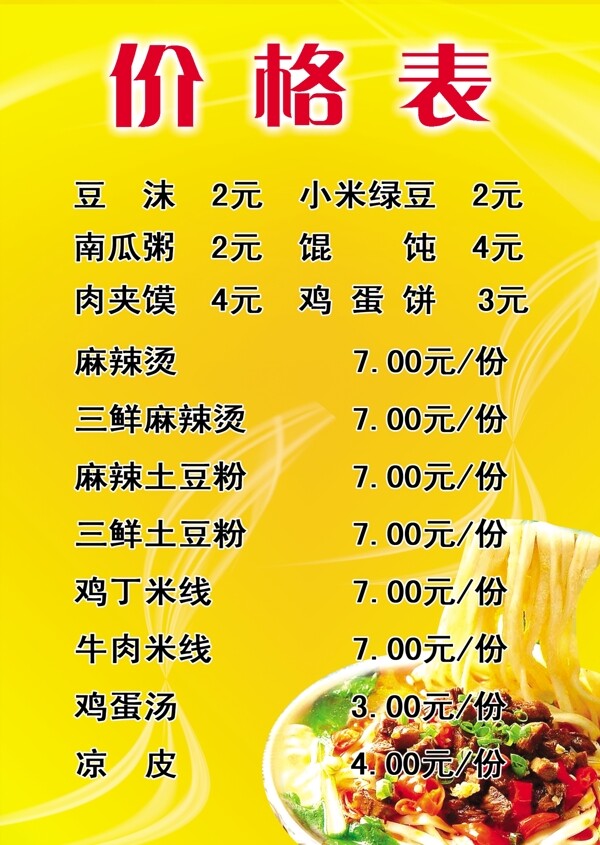 價(jià)格表圖片