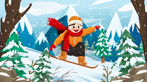 唯美冬天女孩雪地滑雪冬季雪景肌理插画