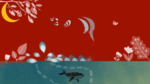 手绘树叶海洋鲸鱼背景素材