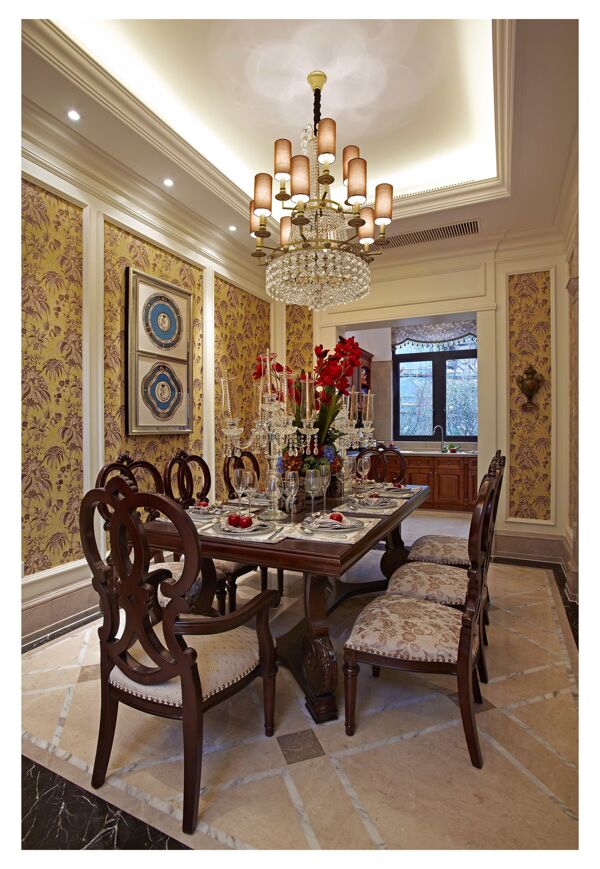 现代轻奢客厅黄色花纹背景墙室内装修效果图