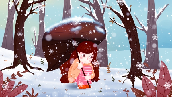 冬天小雪女孩撑枯叶玩雪插画