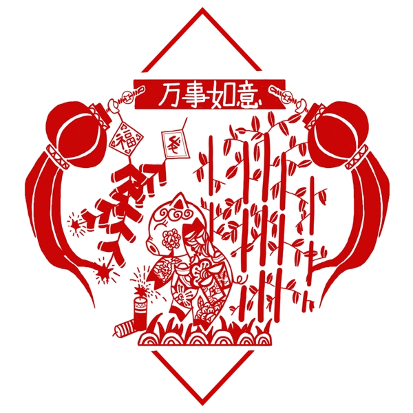 2019新年豬年紅色剪紙窗花可商用