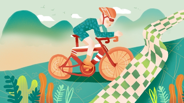 自行车锦标赛远山花叶卡通背景
