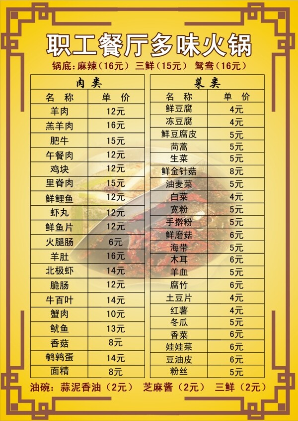 火鍋店價目表