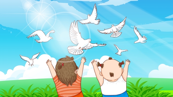 世界和平日广阔的草原上放飞和平鸽手绘插画