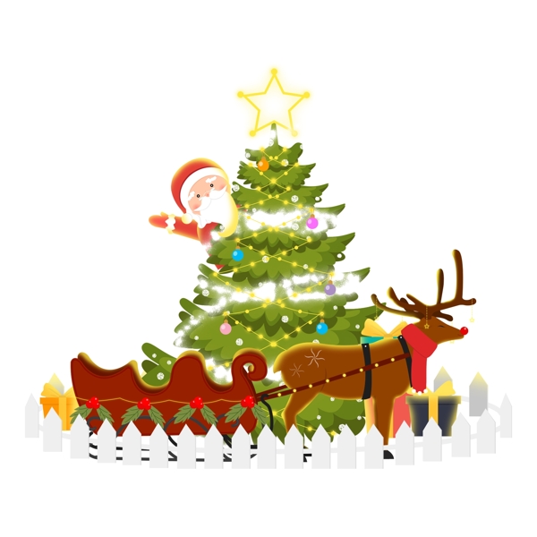 手绘圣诞节亮闪闪圣诞树圣诞老人及麋鹿拉车插图
