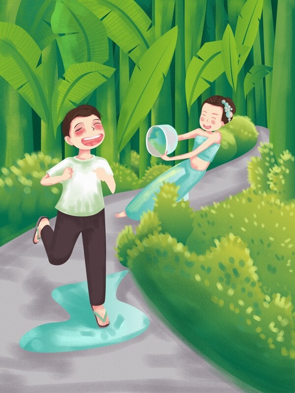 原创手绘小清新插画泼水节傣族男孩女孩泼水