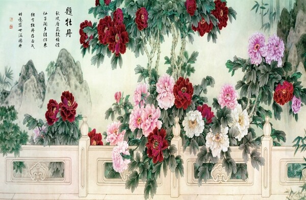 題牡丹工筆畫國畫背景墻裝飾畫