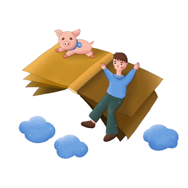 会飞的书猪与男孩创意可爱卡通元素装饰图案