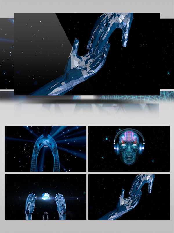 4款虚拟人物3D科技VJ场景光效射线手部模型循环变幻背景视频素材