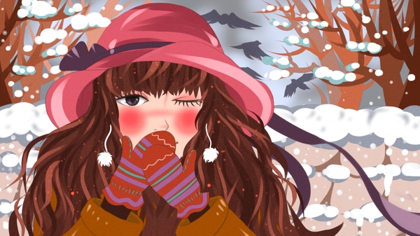 冬天你好清新天冷捂嘴的女孩和落雪的矮墙