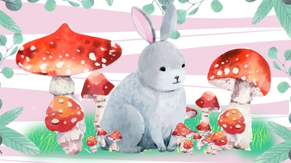 原创儿童蘑菇插画可爱的动物小兔子肥肥