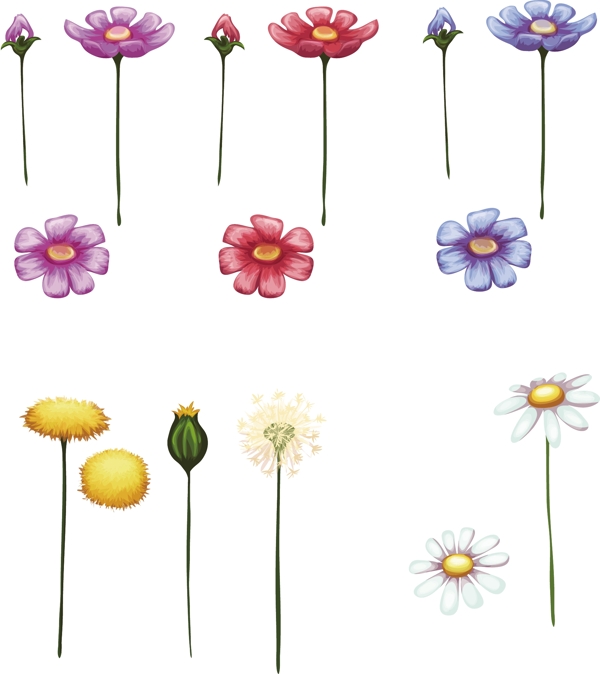 可爱花朵分解卡通矢量植物装饰素材
