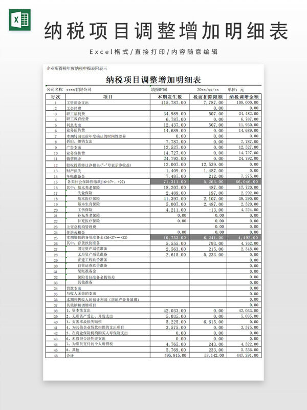 納稅項(xiàng)目調(diào)整增加明細(xì)表