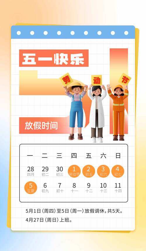 卡通立体3D劳动者插画五一快乐劳动节放假通知海报