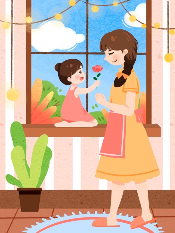 卡通可爱母亲节送花场景背景