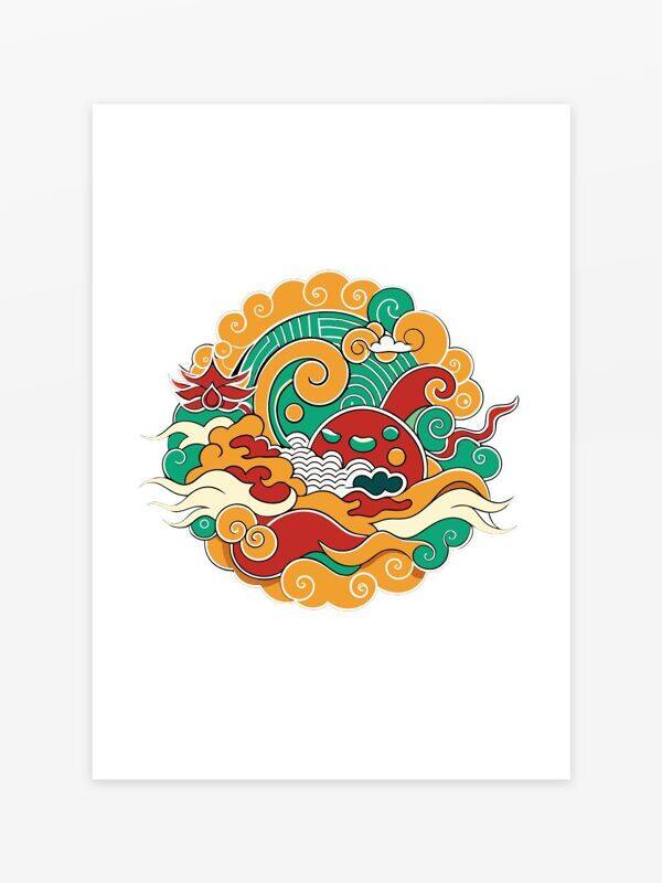 彩色風(fēng)手繪中國風(fēng)國潮祥云蓮花元素插畫