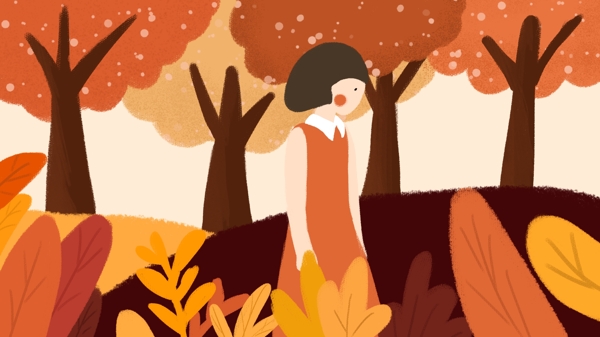 二十四节气立秋秋天枫叶红树林女孩手绘插画