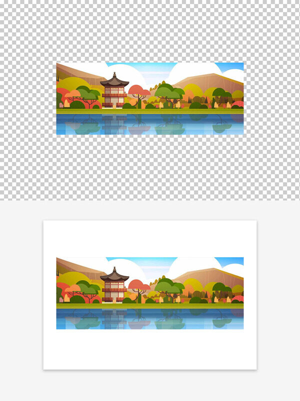 春季戶外傳統(tǒng)亭臺建筑風(fēng)光插畫
