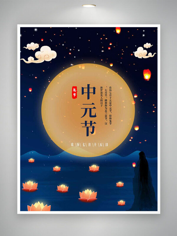 中元節(jié)藍(lán)色背景燈籠插畫(huà)傳統(tǒng)節(jié)日海報(bào)
