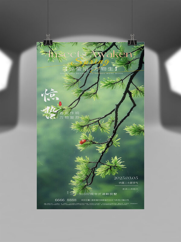 清新綠色簡約松樹枝條驚蟄節(jié)氣海報