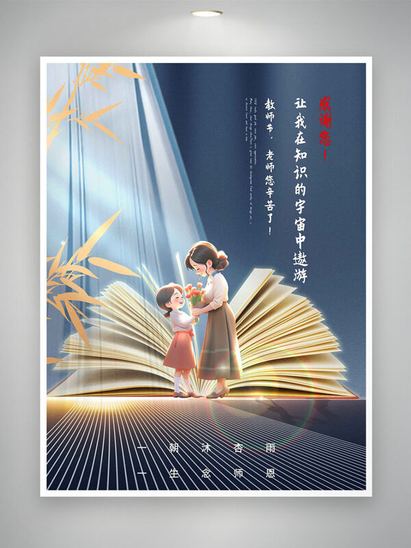 創(chuàng)意卡通師生形象書本竹葉插畫大氣教師節(jié)海報(bào)