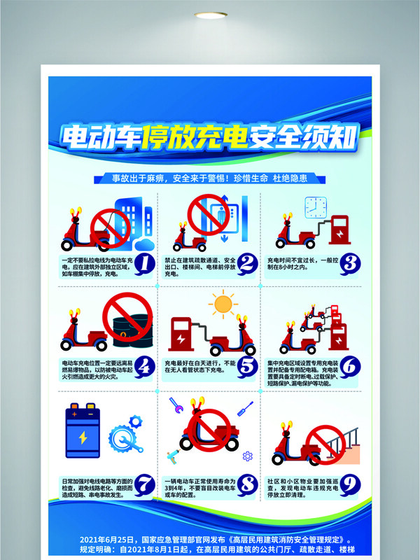 電動(dòng)車(chē)停放充電安全須知藍(lán)色主題海報(bào)