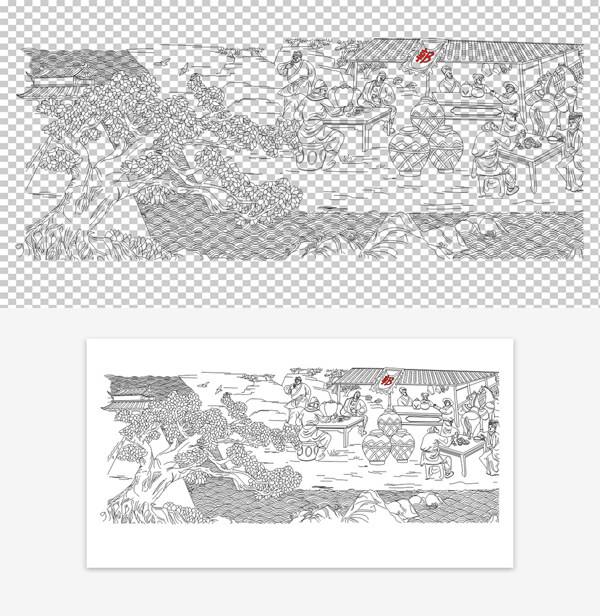 古代線(xiàn)描市井建筑古鎮(zhèn)街道集市插畫(huà)
