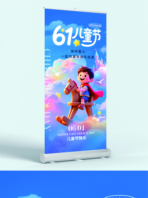 藍(lán)色背景創(chuàng)意卡通插畫六一兒童節(jié)展架易拉寶