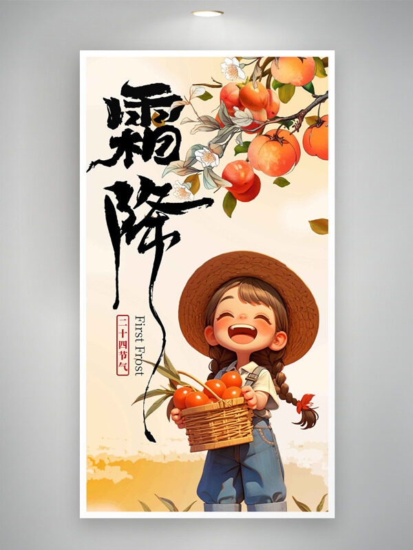 極簡背景霜降節(jié)氣卡通手繪女生柿子插畫秋季主題海報