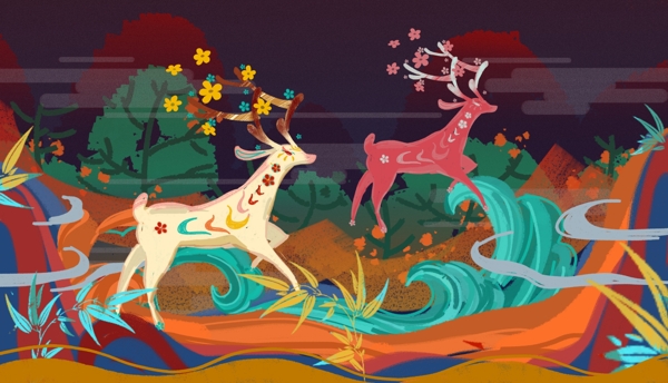 唯美大气中国风敦煌壁画风格风景小鹿插画