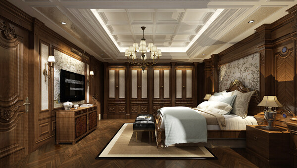 中式典雅大户型卧室白色背景墙室内装修图