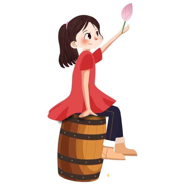 坐在木桶上的女孩元素素材