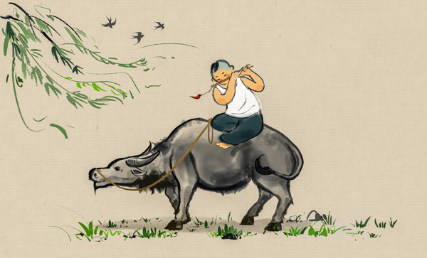 牧童复古水墨插画卡通背景素材图片