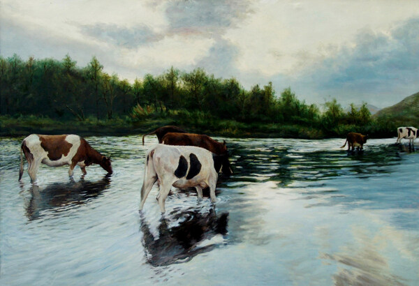 河水里喝水的奶牛油画图片
