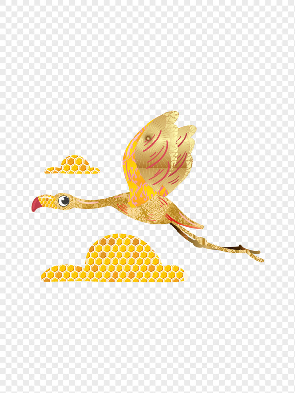 黄金云上飞翔的金色火烈鸟矢量图