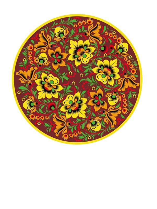  传统 欧式俄式 圆形花卉图案背景贴图黑底黄花绿枝满屏